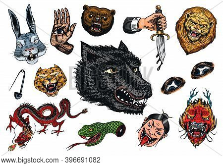 Set Of Fashion Patches. Tattoo Artwork. Bear Dragon Lion Snake Dagger Hare And Astrological Hand. Dr
