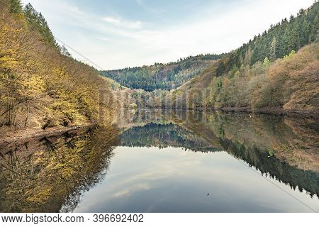 Barrage Small Drohn In Leiwen. Germany With Reflection Of Hunsrueck Forest