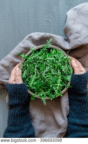 Plate Arugula Green Hand Gray Background Copy Space Tidewater Colour