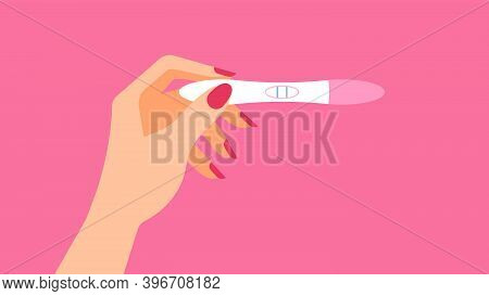 Pregnancy Test. Female Hand Is Holding A Positive Pregnancy Test. Isolated On Pink Background. Mothe