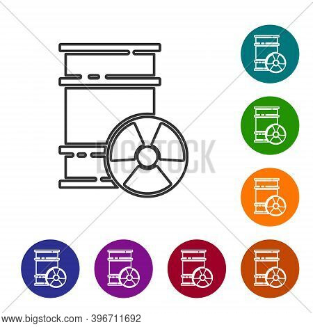 Black Line Radioactive Waste In Barrel Icon Isolated On White Background. Toxic Refuse Keg. Radioact