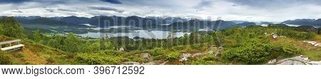 Norway Sunnmore District Landscape. View From Nihusen Mountain In Skodje Municipality. Scenic Panora