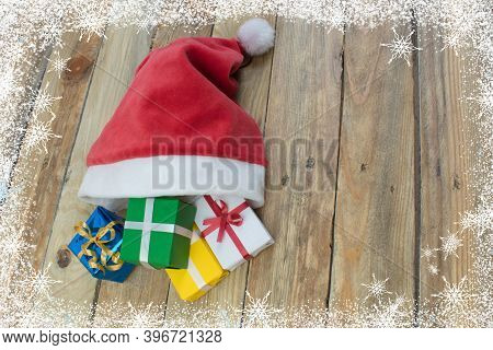 Christmas Holidays Composition On Wooden Background. Top View With Copy Space.