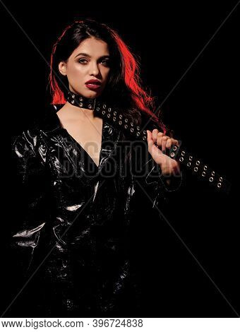 Bdsm Aesthetics. Girl Tying Belt On Neck. Fashion Industry. Fashion Lady. Desire Concept. Wild Energ