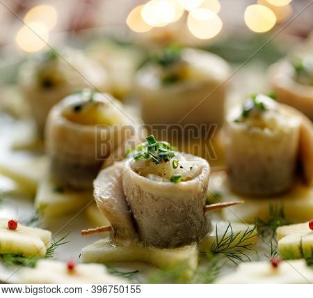 Christmas Eve Herring Fillets Stuffed With Chopped Onions, Cream, Herbs And  Sour Apples Close-up Vi