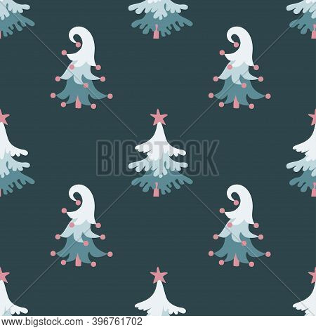 Cute Christmas Pine Trees Seamless Pattern On Greyish Bue Background.