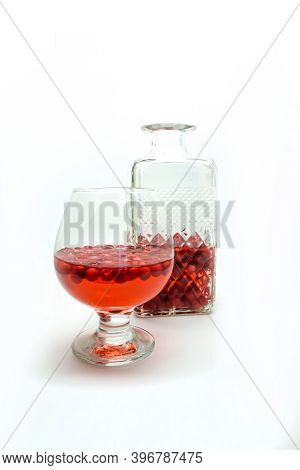 Homemade Tincture Of Red Cherry. Berry Alcoholic Drinks Concept. Homemade Red Wine Made From Ripe Ch