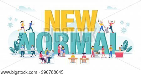 New Normal Concept Illustration With Tiny Peoples Doing Activities With Face Mask Prevention From Di