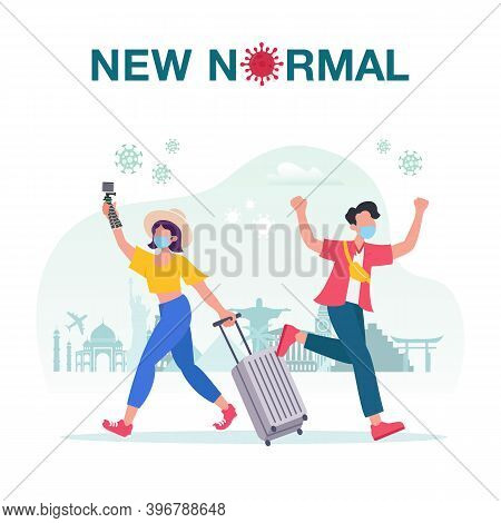 New Normal Concept Illustration With Couple Of Tourists With Suitcases Are Traveling To Travel And W