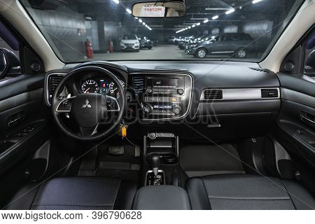Novosibirsk, Russia - November 26, 2020: Mitsubishi Outlander, Prestige Car Interior With Dashboard,