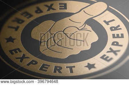 Golden Stamp With The Word Expert And A Hand With Thumb Up Over Black Background.  3d Illustration.