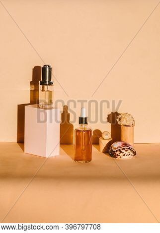Natural Serums. Concept Of Cosmetic Injection Is Hyaluronic Acid, Botulin, Serum. Concept Of Marine 