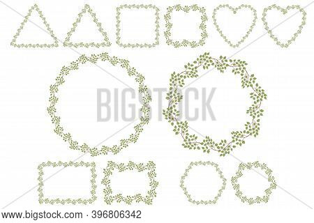 Green Leaves Branch Wreath On White Background. Vector Drawing. Collection Include Six Shape Of Fram