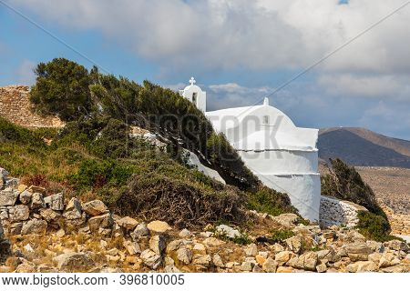 View Of The Small Church Of Panagia Paleokastritsa Inside The Ruins Palaiokastro Castle. Top On The 