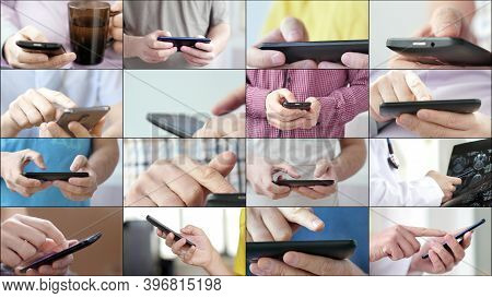 Close-up Of Hands Holding Smartphone And Typing Text On Touch Screen And Using Applications. A Perso