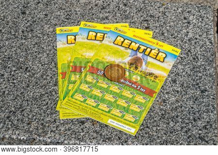 Prague, Czech Republic - July 10, 2020: Czech Sazka Rentier Lottery Scratch Cards.