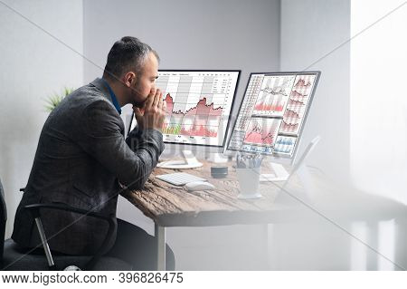 Financial Loss Data. Businessman With Stock Loss And Decrease Chart