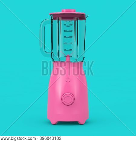 Kitchen Appliance Concept. Modern Electric Pink Blender Mock Up In Duotone Style On A Blue Backgroun