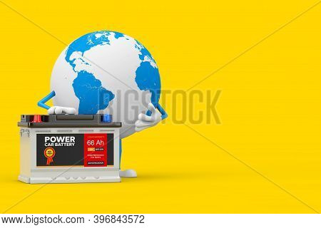 Earth Globe Character Mascot And Rechargeable Car Battery 12v Accumulator With Abstract Label On A Y
