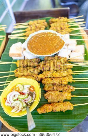 Grilled Satay Pork, Thailand Traditional Popular Food Stick With Wood Strick, Cooked Ready To Eat Wi