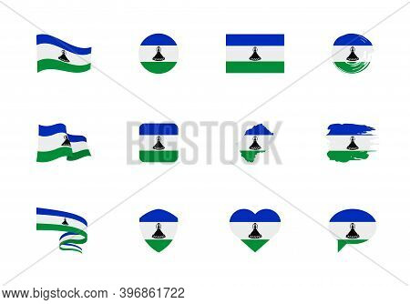 Lesotho Flag - Flat Collection. Flags Of Different Shaped Twelve Flat Icons.