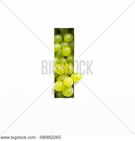 Letter I Of English Alphabet Of Fresh Grape And Cut Paper Isolated On White. Green Berries Typeface 