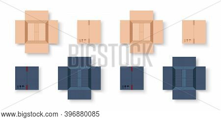 Carton Boxes. Carton Delivery Packaging Open And Closed Box With Fragile Signs. Cardboard Box Mockup