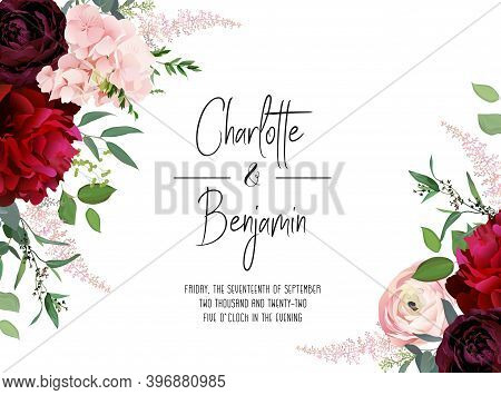 Classic Luxurious Burgundy Red Peony, Dark And Blush Ranunculus, Dusty Pink Hydrangea, Astilbe, Euca