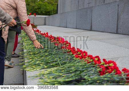Laying A Red Carnation In Memory Of The Dead. Red Carnations On A Granite Gravestone.memorial Comple