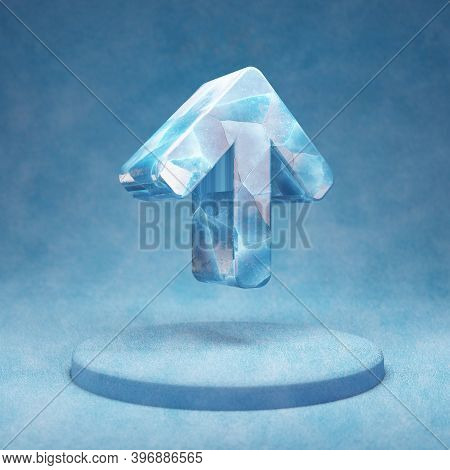 Arrow Up Icon. Cracked Blue Ice Arrow Up Symbol On Blue Snow Podium. Social Media Icon For Website, 