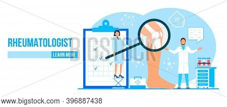 Rheumatologist Vector Concept. Osteoporosis World Day. Tiny Doctors Research And Treat Osteoarthriti