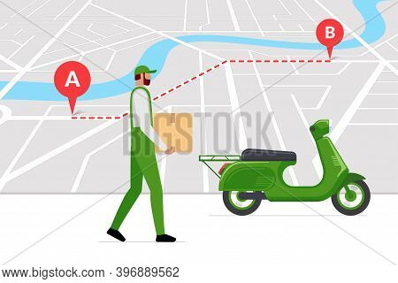 Delivery Courier Brought Cargo Goods Package Box On Moped Following Navigation Route On City Map Wit