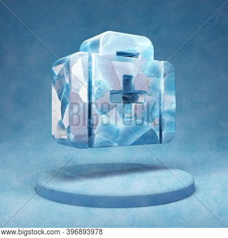 Medkit Icon. Cracked Blue Ice Medkit Symbol On Blue Snow Podium. Social Media Icon For Website, Pres