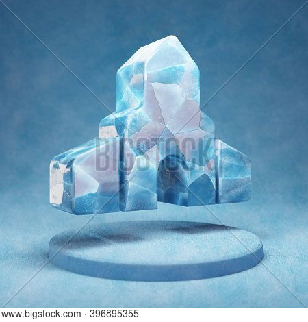 Place Of Worship Icon. Cracked Blue Ice Place Of Worship Symbol On Blue Snow Podium. Social Media Ic