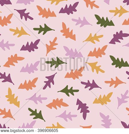 Fall Orange, Purple, Pink, Green, And Yellow Ditsy Leaves Seamless Pattern Background