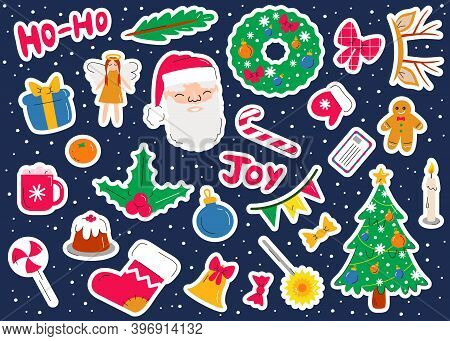 Vector Christmas Stickers Set In Flat Linear Style On Dark Blue Background. Cute Stylish Collection 