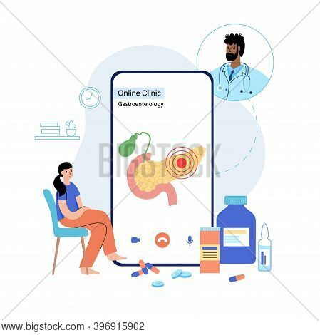 Pancreas, Duodenum And Gallbladder Anatomy In The Human Body. Online Clinic And Medical App Concept.