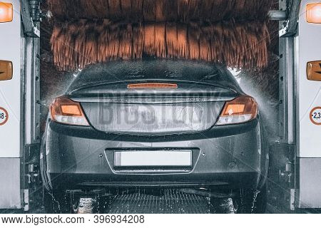 Foam Water Clean Auto Car On Carwash Hand Service. Vehicle Wash Soap, Foam On Cleaner Station.