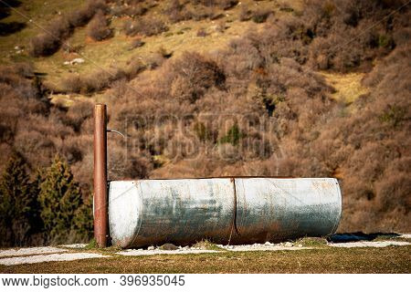 Closeup Of A Metal Drinking Trough For Cows In Mountain, Lessinia Plateau (altopiano Della Lessinia)