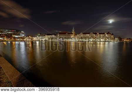 Helsinki, Finland November 22, 2020 Night Landscape Of The City And The Waterfront. High Quality Pho