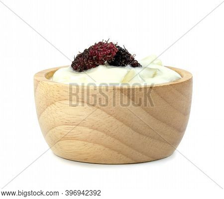 Yoghurt With Nata De Coco Dutchie And Mulberries Fruit In Wooden Bowl Isolated On White Background