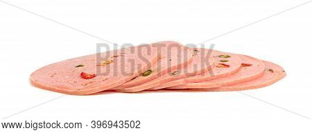 Closeup Bologna Sliced Isolated On White Background