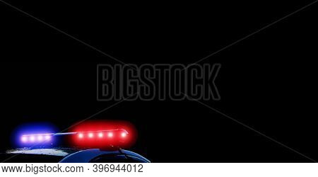 Strobelight Bar, Red And Blue Lights Of Police Car. Scene Of An Accident Or Crime. Police Patrol Ban