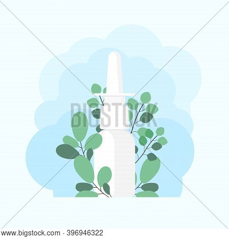 Nasal Spray With Eucalyptus Branches. Using Sprays To Ease Breathing During Allergy And Illness. Con