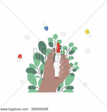 Nasal Spray In Hand. Spray With Eucalyptus Branches. Using Sprays To Ease Breathing During Allergy A