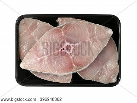 Spanish Mackerel Slice Or Spotted Mackerels In Black Plastic Box Isolated On White  Background  ,inc