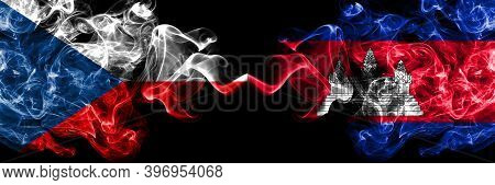Czech Republic, Czech Vs Cambodia, Cambodian, Khmer Smoky Mystic Flags Placed Side By Side. Thick Co