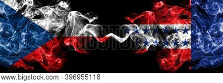Czech Republic, Czech Vs Tuamotu Archipelago Smoky Mystic Flags Placed Side By Side. Thick Colored S