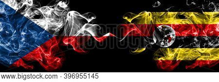 Czech Republic, Czech Vs Uganda Smoky Mystic Flags Placed Side By Side. Thick Colored Silky Abstract