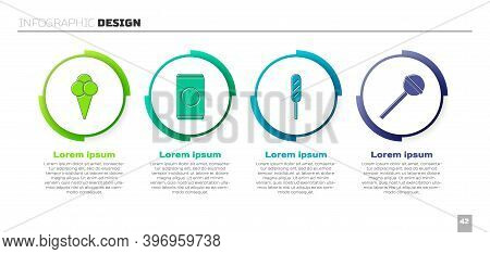 Set Ice Cream In Waffle Cone, Soda Can With Straw, Corn Dog And Lollipop. Business Infographic Templ